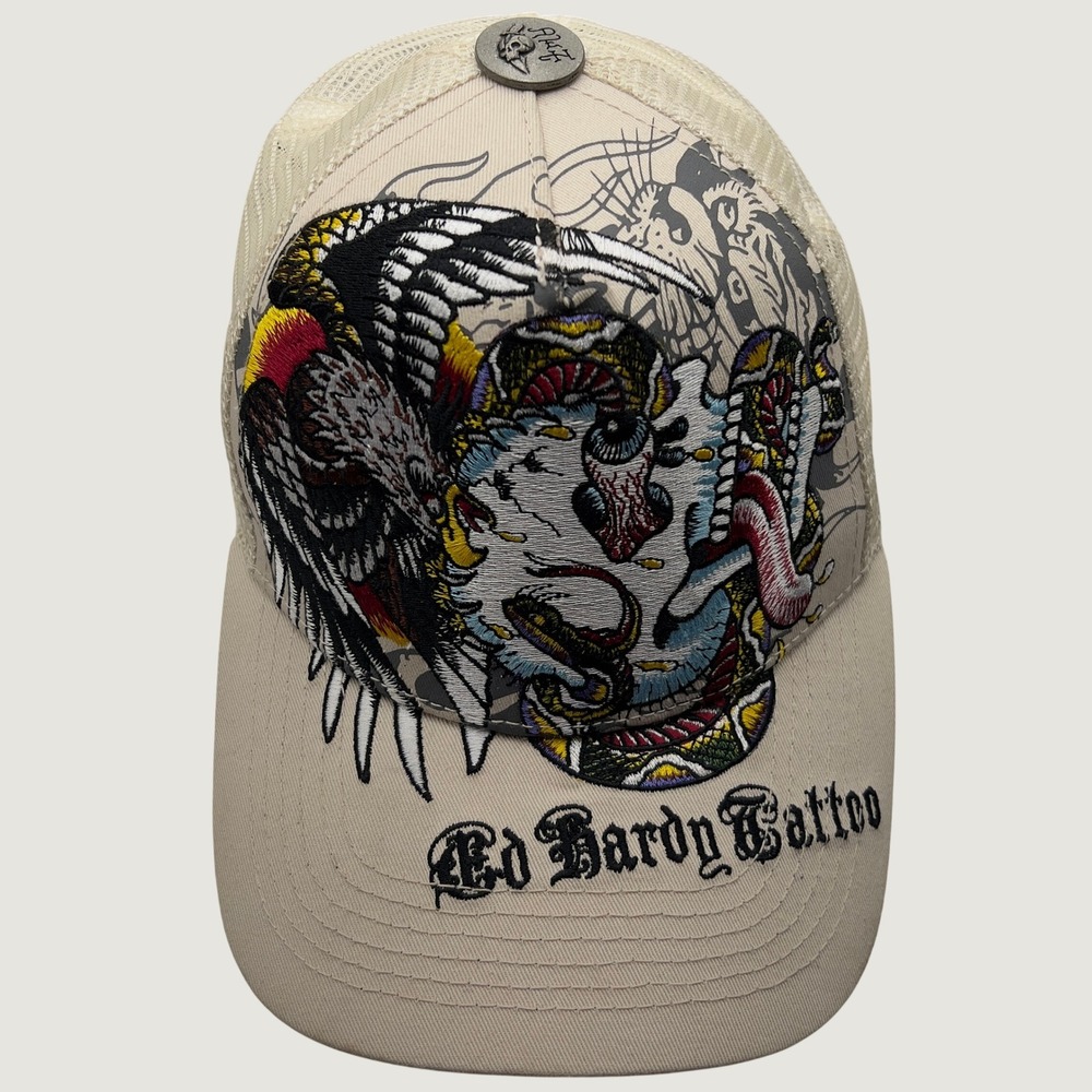 Ed Hardy Christian Audigier Eagle Skull Tattoo Trucker Hat Mesh Snapback Tan